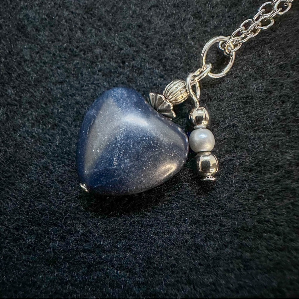 New Handmade Calming Zen Blue Heart Shape Jade Silver Tone Choker 20 Inch